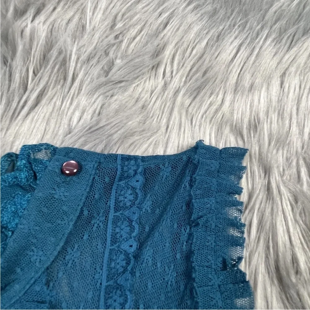 Free People Teal Blue Lace Ruffle Sheer Sleeveless Tunic Dress Size Small